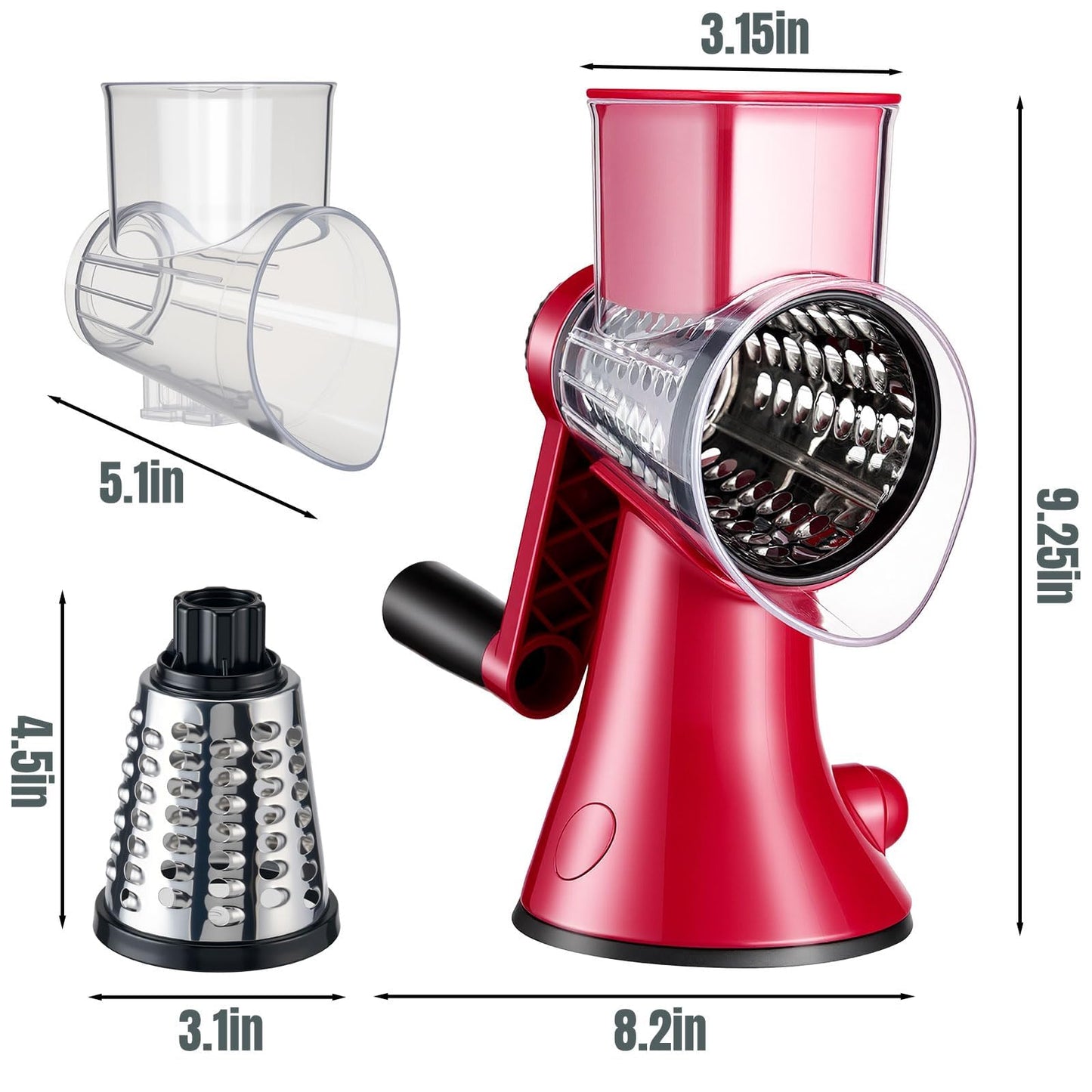 KYZ Rotary Cheese Grater - 12X Faster Hand Crank Vegetable Slicer with 3 Premium Stainless Steel Blades, Strong Suction Base, Dishwasher Safe Food Shredder for Cheese, Vegetables, Nuts, Chocolate