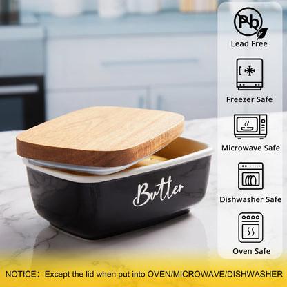 Black Butter Dish, ALELION Large Ceramic Butter Dish with Lid for Countertop, Butter Keeper Container with Acacia Wooden Lid, Kitchen Decor and Accessories for Counter