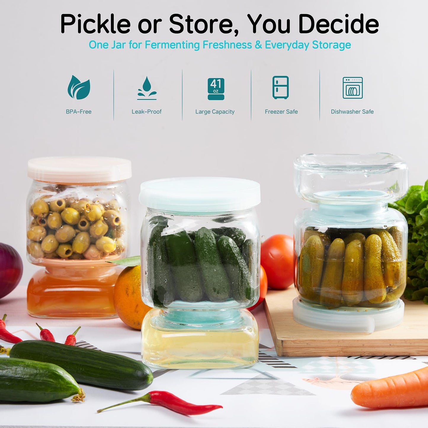 Glass Pickle Jar with Strainer Flip,46 FL OZ Pickle Flip Jar With Double Leak Proof,pickle container with strainer for olives, pickles, gherkins, jalapeños and other pickled foods-Dishwasher Safe-Blue