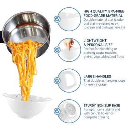 Meadow Lane 6-inch Small Colander, BPA-Free, Dishwasher Safe, Double Handles, Compact Food Strainer for Berries, Veggies and Pasta, 3-Cup Capacity, Smooth White