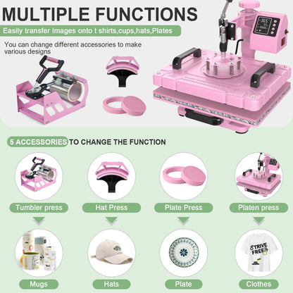 Seeutek Heat Press 5 in 1 Heat Press Machine 12x15 Inch Sublimation T Shirt Pressing with 30OZ 20OZ Tumbler Heat Press 360° Swing Away Heat Transfer Combo for T-Shirts, Hats, Mugs, Plates - Pink