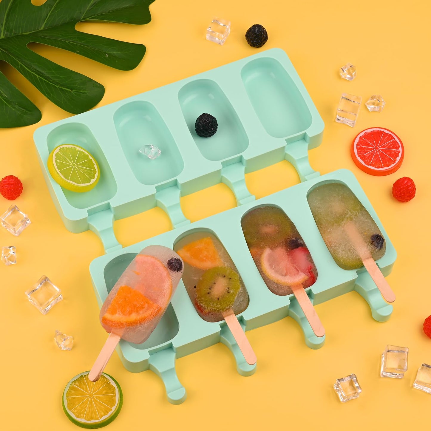 WMKGG Popsicle Silicone Molds Set, 2 PCS Ice Cream Molds with 50 Wooden Sticks for Cake Pop, Ice Pop, Cakesicles (Standard Size/Green)