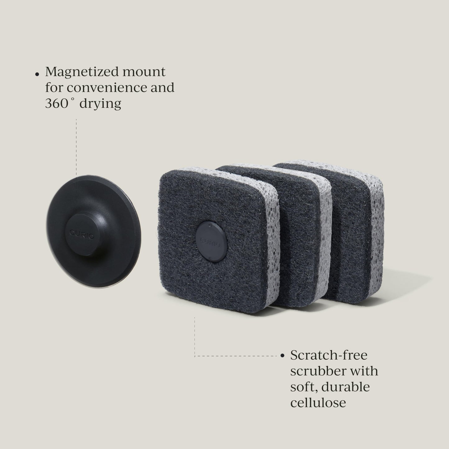 Curio Home Goods Ionic Non-Scratch Kitchen Sponge with Magnetized Holder, Dual Sided Cellulose and Scrub Pad, 3 Pack, Black/Grey