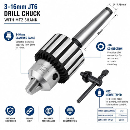 1/32" - 5/8" Keyed Drill Chuck with MT2 with JT6 Taper Arbor - Three-Jaw Chuck, Quenched Steel Construction, Precision Ground Shank