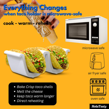 HolaTasty Taco Holders Set of 4 Ceramic, Dual Taco Stand for Dinner Plate - Compact Taco Rack 2-Slot for Hard Shell Tacos, Tuesday Taco Server Mini Taco Holder, Taco Heater for Microwave Oven, White
