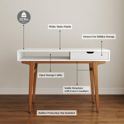 Longcoam Design White Computer Desk with Drawers - 45 inch Minimalist Small Solid Wood Mid-Century Modern Office Desk for Home - Boho Style Writing Table with Open Storage,Light Wooden Desk Workspace