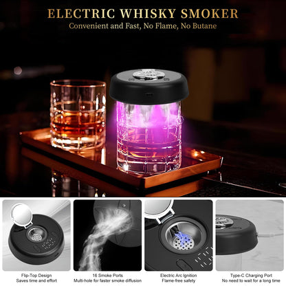 Audoyon Electric Whiskey Smoker Kit with 7-Color Lights, 6 Flavors Wood Chips Cocktail Shaker with Sphere Ice Mold & Stainless Steel Ice Cubes, Old Fashioned Smoker for Father's Day, Gifts for Him
