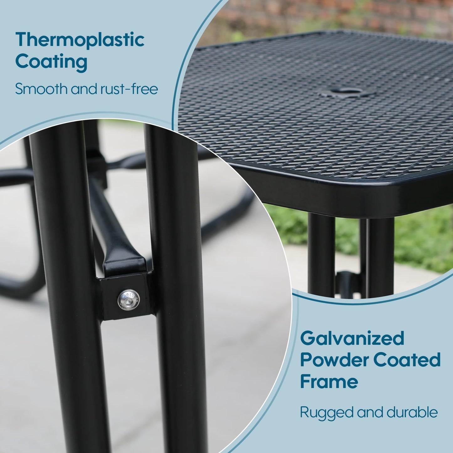 Sunnibety 8-Person Picnic Tables for Outdoors, Industrial 46" Expanded Metal Square Picnic Table with 4 Benches & Umbrella Hole, Outside Table and Bench Set for Garden, Backyard, Porch, Patio, Black