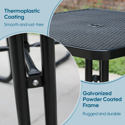 Sunnibety 8-Person Picnic Tables for Outdoors, Industrial 46" Expanded Metal Square Picnic Table with 4 Benches & Umbrella Hole, Outside Table and Bench Set for Garden, Backyard, Porch, Patio, Black