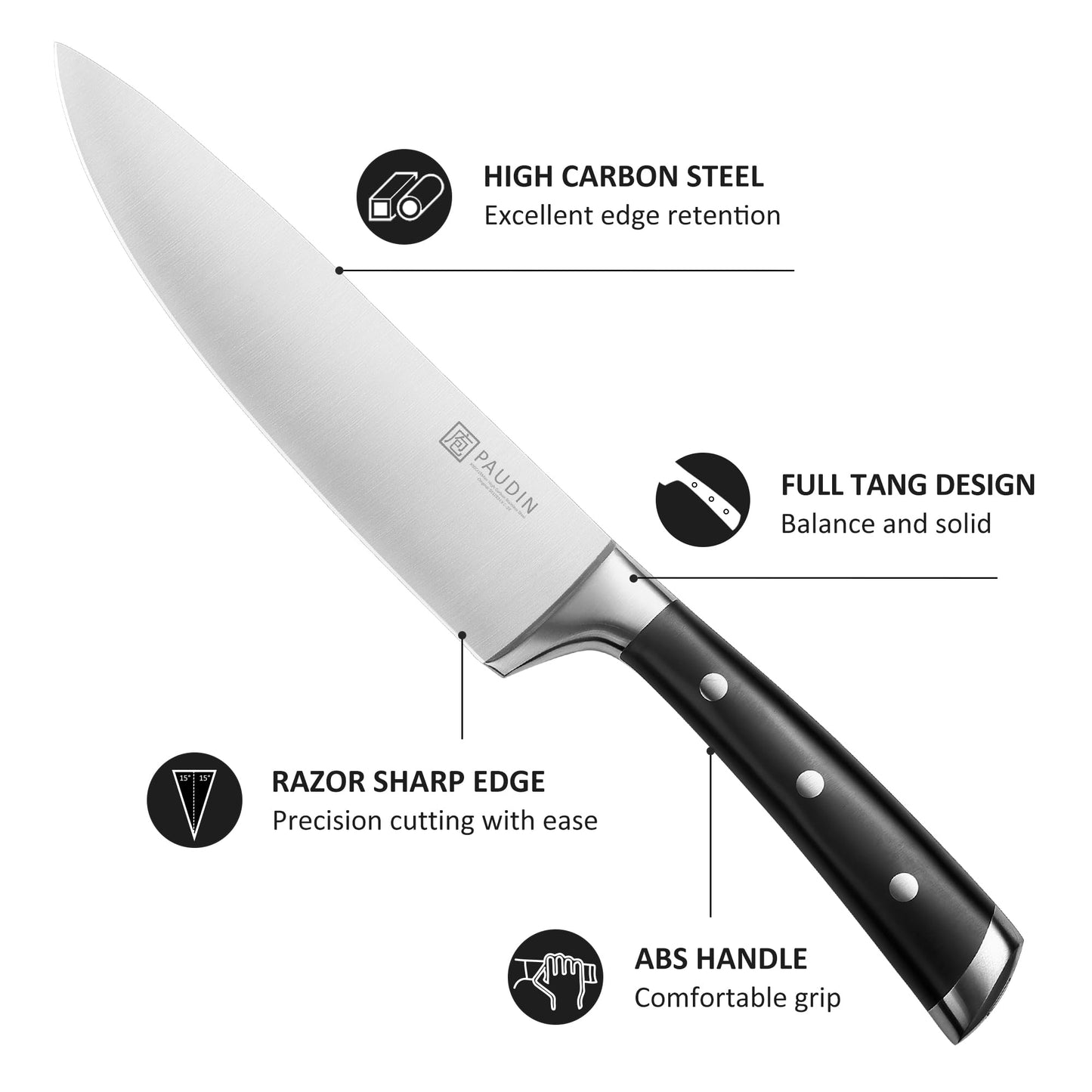 PAUDIN Knife Block Set, 15 Pieces Knife Set with Block, High Carbon Stainless Steel Kitchen Knife Set with Sharpener, Knives Set for Kitchen with Full Tang Triple Rivet Handle