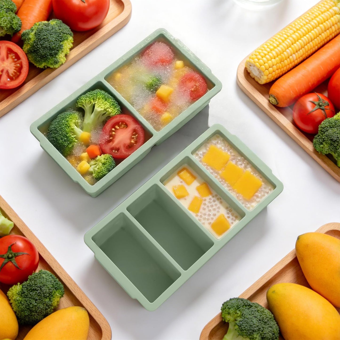 Silicone Freezer Tray With Lid, Soup Freezer Container Molds, Large Ice Cube Tray Set, 1 Cup & 2 Cup Portion Freezer Trays for Soup, Sauce & Broth, Meal Prep Containers, Oven & Dishwasher Safe, Green