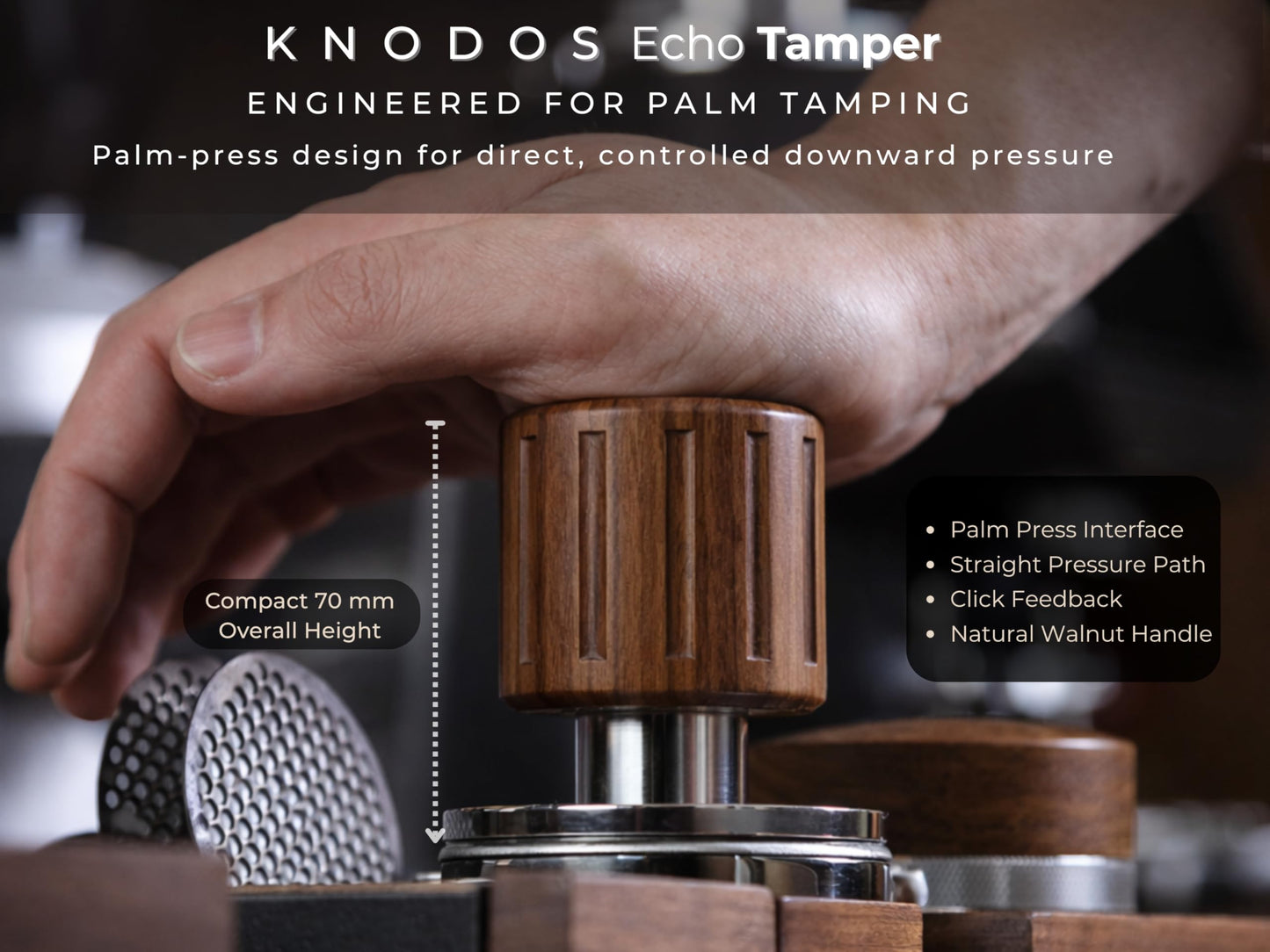 KNODOS Echo Tamper 58mm – Walnut Calibrated Coffee Tamper with Click Feedback, Stainless Steel Base – Premium 30LB Spring Loaded Espresso Tool for Perfectly Even Tamping Pressure