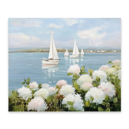 FOPENEM Nautical Sailboat Hydrangea Floral Diamond Painting Kit for Adults Beginners 9.8x11.8 Inch, Coastal Seaside Flower Gem Diamond Painting Art Kits for Home Beach House Wall Decor