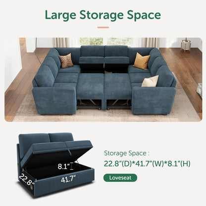 HONBAY Modular Sectional Couch with Pull Out Bed, Corduroy Sleeper Sofa with Storage Seats, U Shaped Sectional Couches for Living Room, Blue