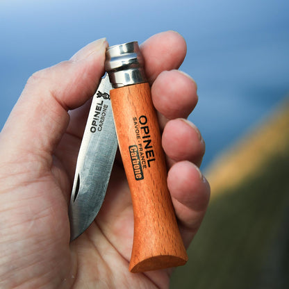 Opinel No. 08 Carbone - Carbon Steel Folding Pocket Knife, Beechwood Handle, 3.28 in Blade, Virobloc Safety Locking Collar, Made in France