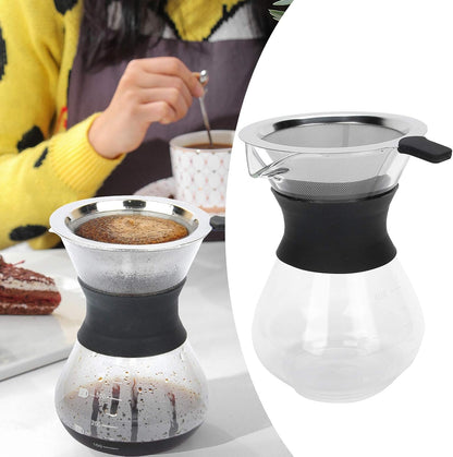 Fdit Reusable Glass Coffee Pot with Stainless Steel Filter, Manual Drip Coffee Maker Set (400ml)