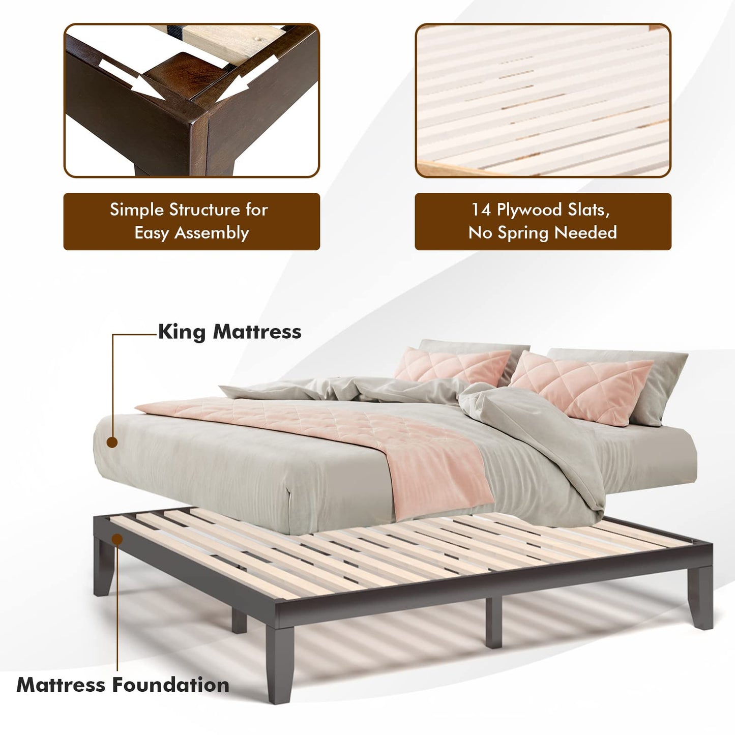 COSTWAY King Size Platform Bed Frame, 14 Inches Solid Rubber Wood Bed Mattress Foundation with Sturdy Slats Support, Easy Assembly Bed Frame for Home Hotel, No Box Spring Needed (Espresso, King)