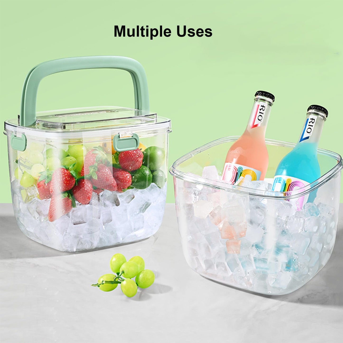 Yamteck Portable Ice Bucket with Lid & Tong for Outdoor Camping, Clear Plastic Storage Bin for Freezer, Refrigerator, Whiskey, Wine, Cocktail Party, Big Cube Mold Tray for Ice Bath