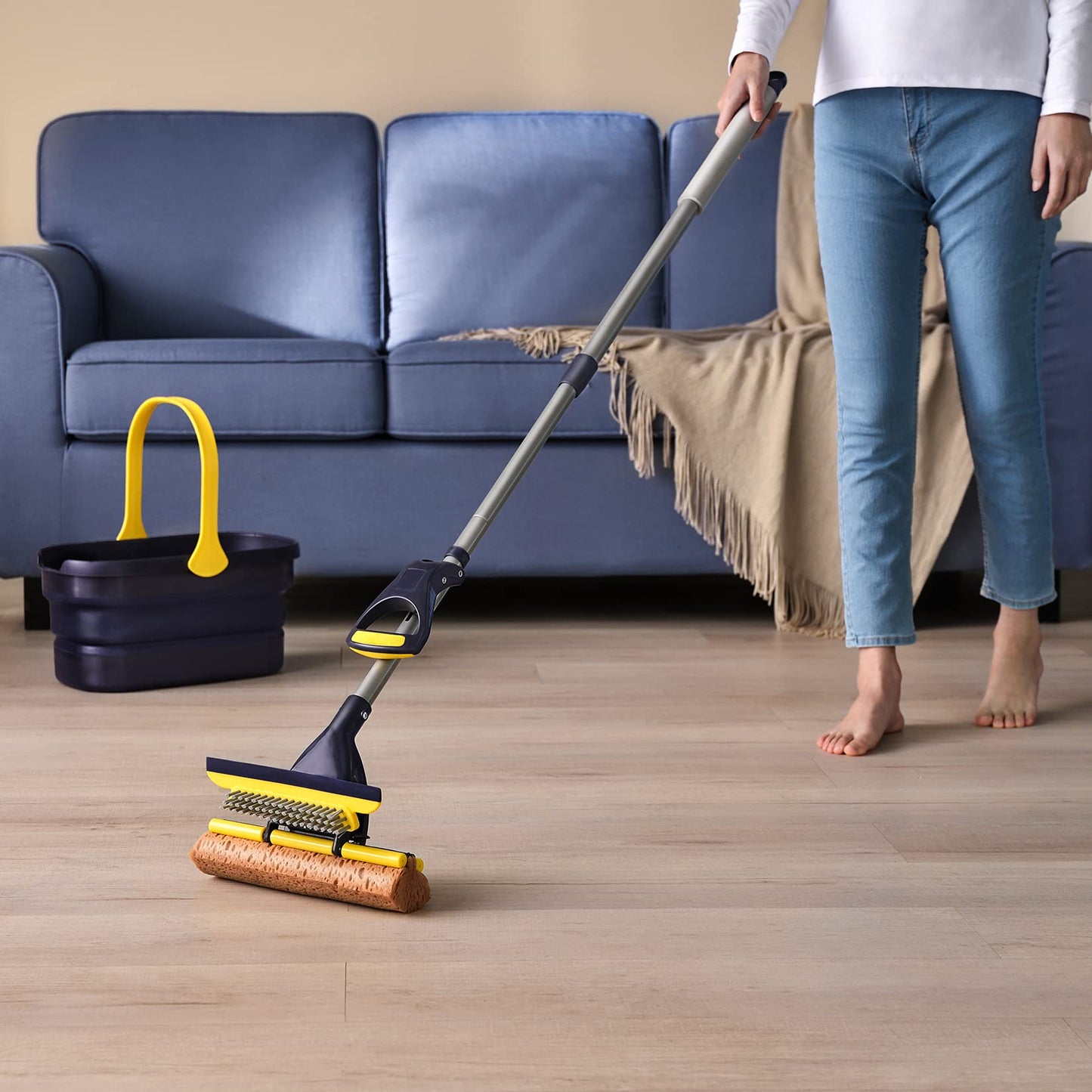 Yocada Sponge Mop Home Commercial Use Tile Floor Bathroom Garage Cleaning Total 3 Sponge Heads Squeegee and Extendable Telescopic Long Handle 42.5 to 52 Inches Easily Dry Wringing Only 3 Heads