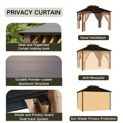 Patio Kingdom 10'x12' Hardtop Gazebo with Double Polycarbonate Roof, All Weather Aluminum Frame Outdoor Pavilion with Curtains and Netting, UV Protection for Patio, Lawn & Garden