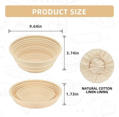 Silicone Banneton Basket, Proofing Basket for Bread Baking, 2 Round Silicone Bannetons & 1 Cloth Cover Set