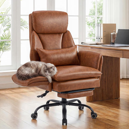 Furniliving Big and Tall Office Chair, Ergonomic Computer Desk Chair with Footrest, Wide Seat Reclining Gaming Chair, Flip Armrests for Cross Legged Sitting, Heavy Duty Support up to 400LBS, PU, Brown