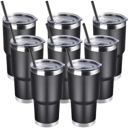DOMICARE 30oz Tumbler Bulk with Lid and Straw, Double Wall Travel Coffee Mug, Insulated Vacuum Stainless Steel Tumblers, Powder Coated Tumbler Cup (Black, 8)