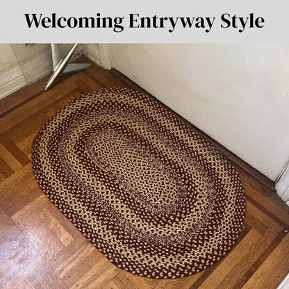 Jute Braided Rugs 4x6' Oval Rustic Trails – Burgundy & Tan Primitive Rugs for Living Room, Dining Room Decor, Farmhouse Living Accent