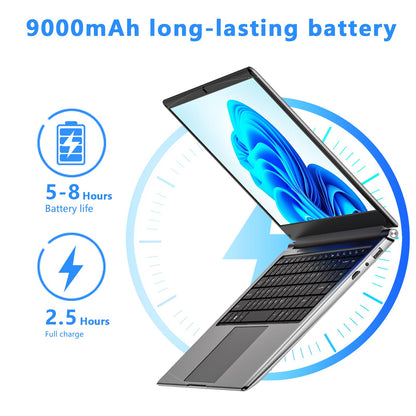 Laptop 16-inch , 8GB DDR 256GB SSD portable laptop computer, expandable to 1TB, Pentium quad-core CPU up to 2.64 GHz, 9000mAh battery, interface, USB3.0 interface, dual-band WiFi, webcam, slim laptops