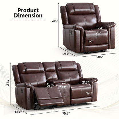 ANJ Premium Genuine Manual Reclining Sofa Set with Overstuffed Backrest, Included Single Recliner Chair and Loveseat 2-Seater Couch with Storage Console, 2-Piece Living Room Furniture Set, Rust Brown