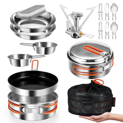 Odoland 15pcs Stainless Steel Camping Cookware Camping Pot and Pan Set with Portable Camping Stove Camping Mess Kit with Plates Bowls Forks Knives Spoons for Hiking Backpacking and Picnic