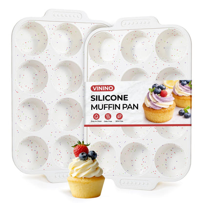 Vinino 2-Pack Silicone Muffin Pan for Baking with Metal Reinforced Frame, 12 Cups Regular Size Silicone Cupcake Pan with Non-Slip Handle, Nonstick Muffin Tray for Oven, BPA Free, Dishwasher Safe