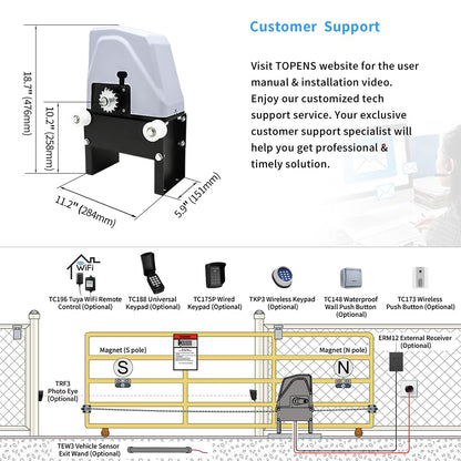 TOPENS CK1100 Automatic Sliding Gate Opener Chain Drive Electric Gate Motor for Heavy Driveway Slide Gate Up to 2800 Pounds, Security Gate Operator AC Powered with 20ft Roller Chain and Remote Control