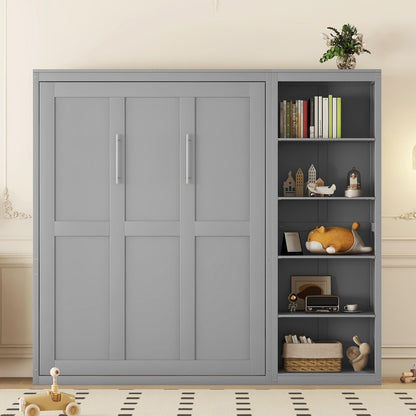 PacknWood Acosure Queen Size Murphy Five-Layer Cabinet,Bedroom Solid Wood Storage Hidden Wall Beds Frame W/Dual Piston Metal Folding Mechanism Designed,for Home Office,Study,Guest Room,Gray