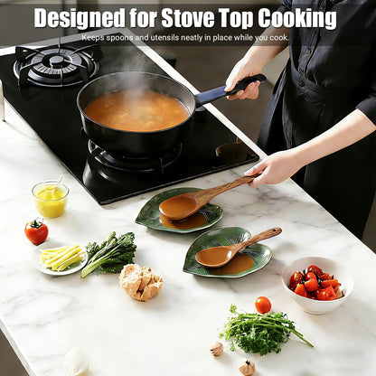 Ceramic Spoon Rest for Stove Top and Kitchen Counter, Green Leaf Spoon Holder, Cute Cooking Spoon Rest, Heat Resistant Dishwasher Safe Kitchen Utensil Rest, Decorative Kitchen Decor