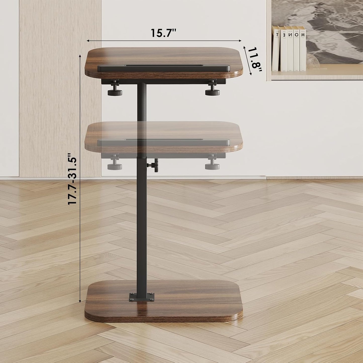 360 Side Table Sofa Tv Tray Height Adjustable C Shaped End Table Swivel Overbed Living Room Couch Table, Walnut