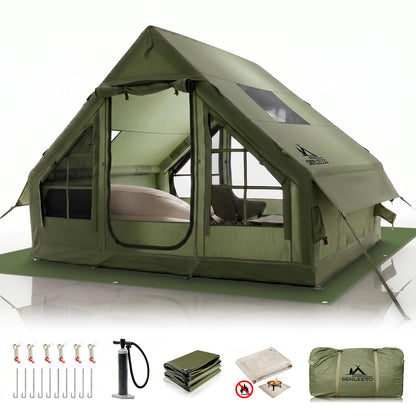 9.8' x 7' Inflatable Tents for Camping 4-6 Person, 4 Season Blow Up Tent with Waterproof & Anti-Moisture Tarp, Luxury Inflatable Hot Tent with Stove Jack for Camping Outdoors