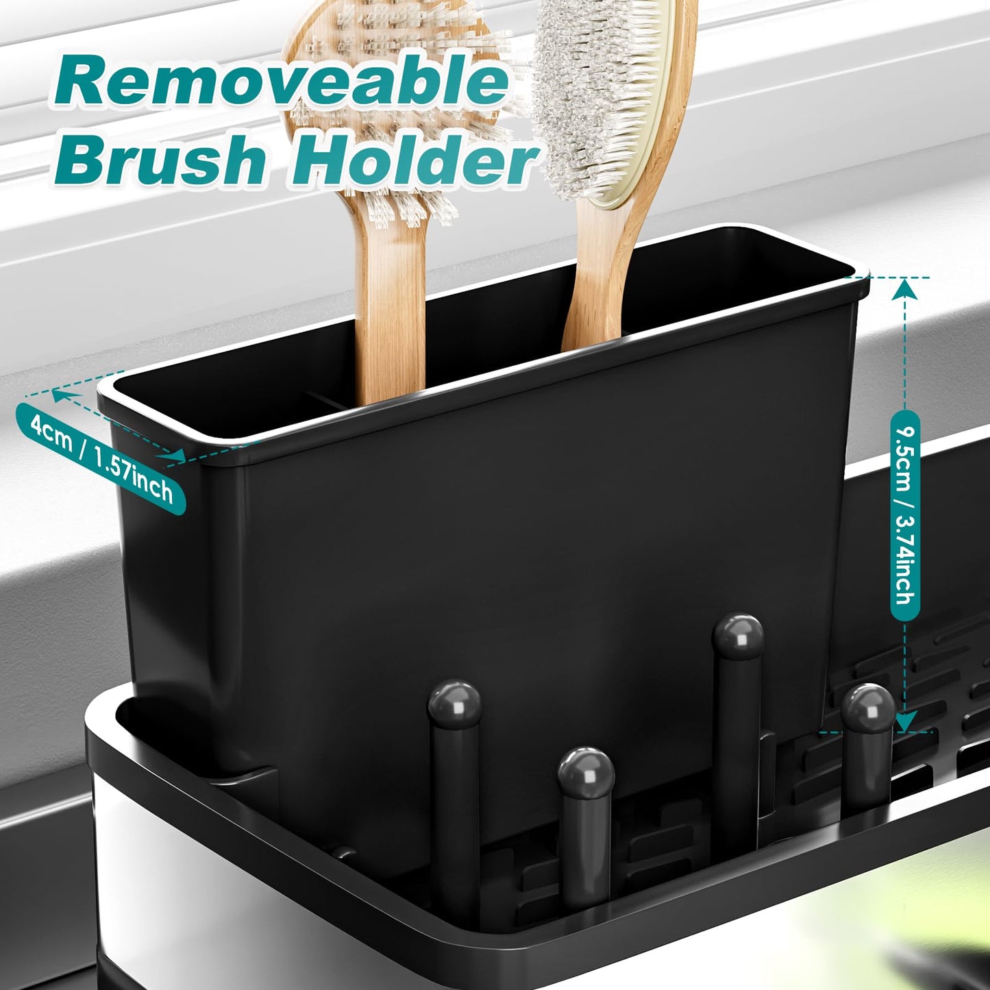 Ewaiira Stainless Steel Sink Caddy, Sponge Holder for Kitchen Sink with Brush Holder Dishcloth Rack, Rustproof sink Organizer Countertop, Soap Dispenser Kitchen Organizers Storage Essentials,9.8″Black