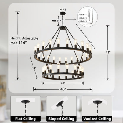 NILSE 2-Tier 48" Black Wagon Wheel Chandelier, 40-Light Extra Large Chandeliers for High Ceilings, Rustic Farmhouse Light Fixture for Living Room Stairs Foyer Entryway, E26