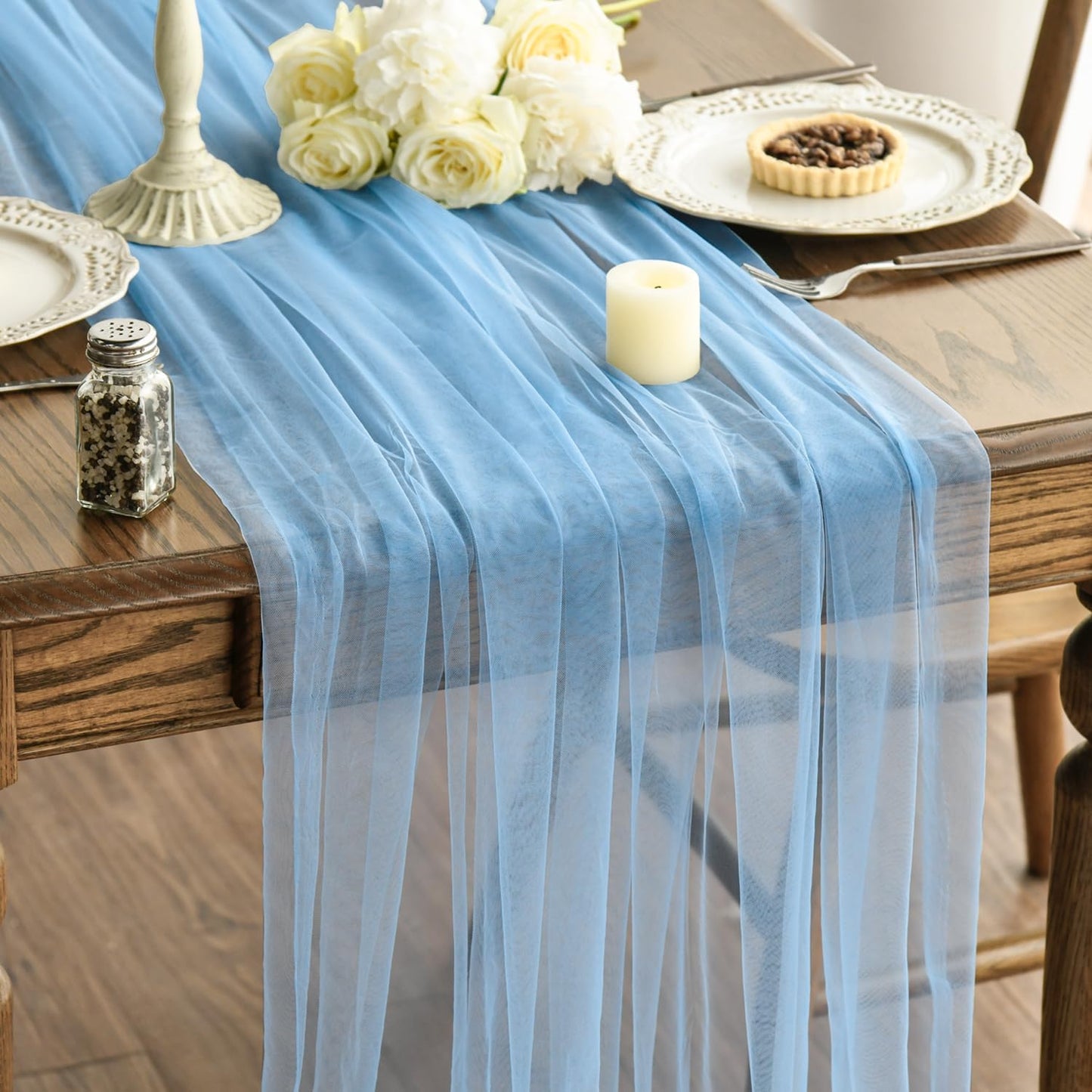 120 Inch 10FT, Artoid Mode Dusty Blue Gauze Table Runner Seasonal Sheer Kitchen Dining Holiday Wedding Birthday Baby