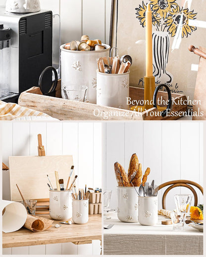 LE TAUCI Utensil Holder for Kitchen Counter - 6.9"+5.3" Ceramic Kitchen Utensil Holder Set of 2, Large Cooking Utensil Crock & Organizer for Spatula, Spoon - Embossed Kitchen Decor, White,Bee