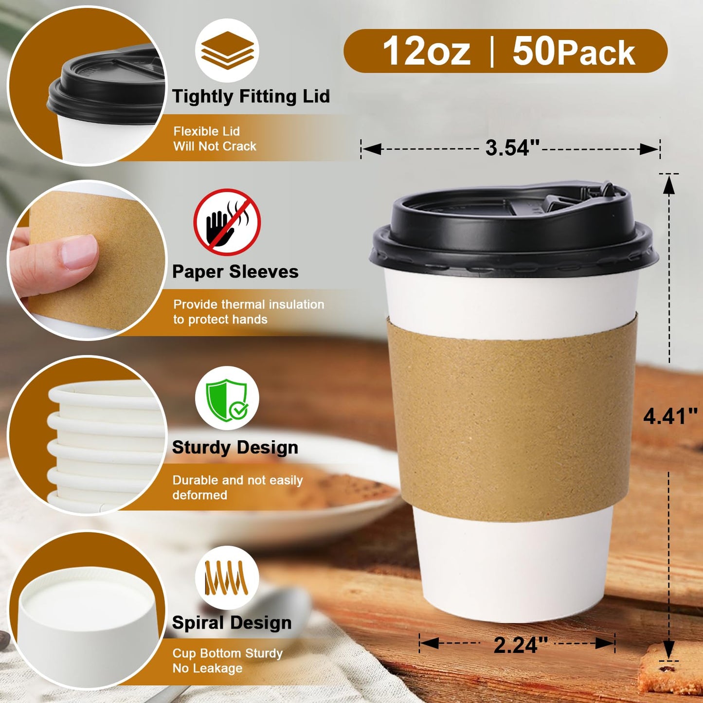 Lamosi 50 Pack 12 oz Disposable Coffee Cups with Lids and Sleeves, Leak-Proof To Go Coffee Cups with Lids, Hot/Cold Beverage White Drinking Cup for Home, Office, Parties, Travel