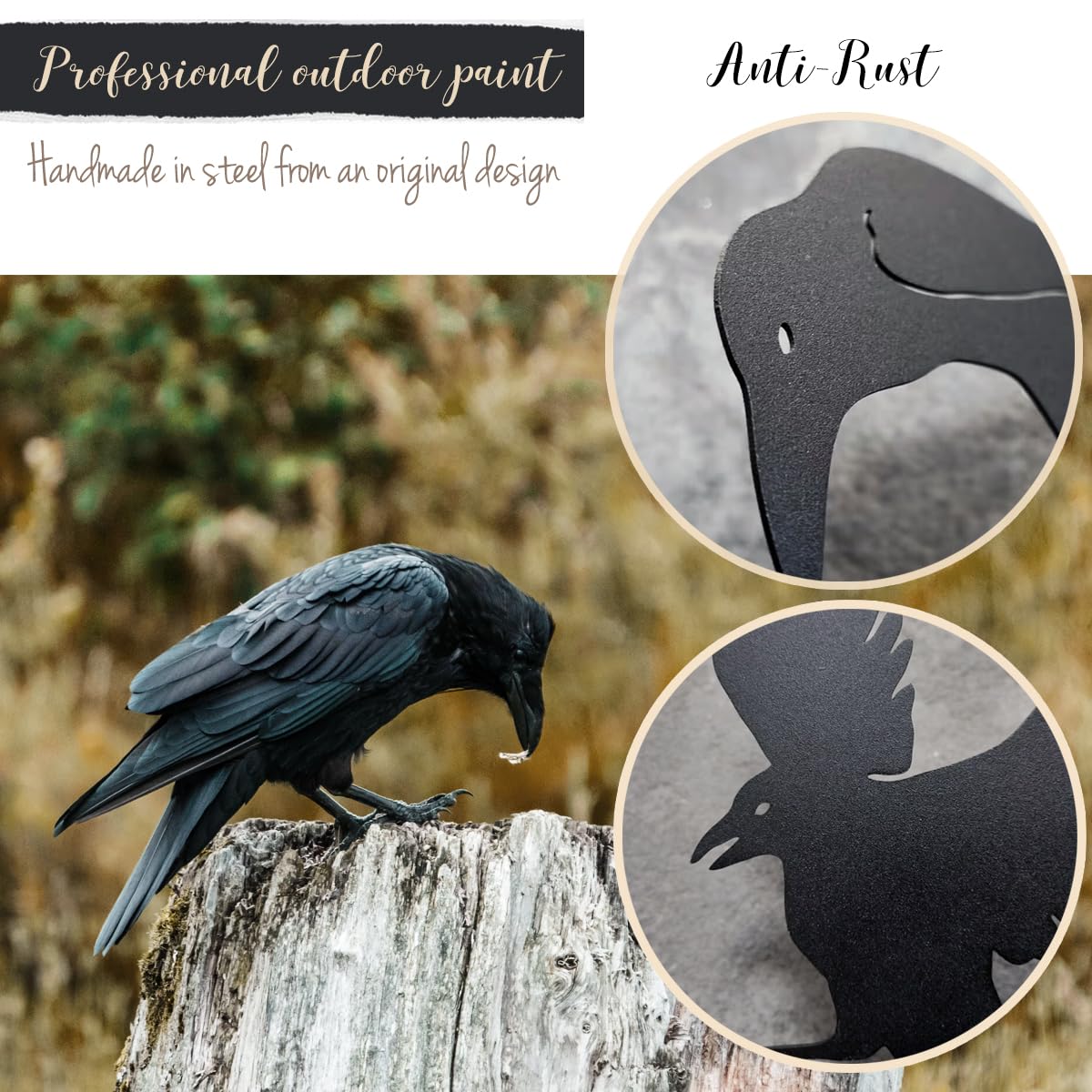 OULYDEKO Raven Decor,Metal Birds Black Bird Crow Statue,Raven Statue Fence Topper Fake Crow,Crow Decor Garden Ornament Fence Topper Gothic Home,Crow Decor,Witchy Garden Decor,Halloween Decorations