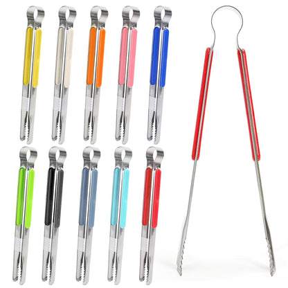 Nagpew 10 Pack Stainless Steel Kitchen Tong, 10 inch Heavy Duty Serving Tong with Heat-Resistant Handle, Grill Clamp Beefsteak Clip in 10 Colors for Cooking, BBQ, Meat, Salad, Ice