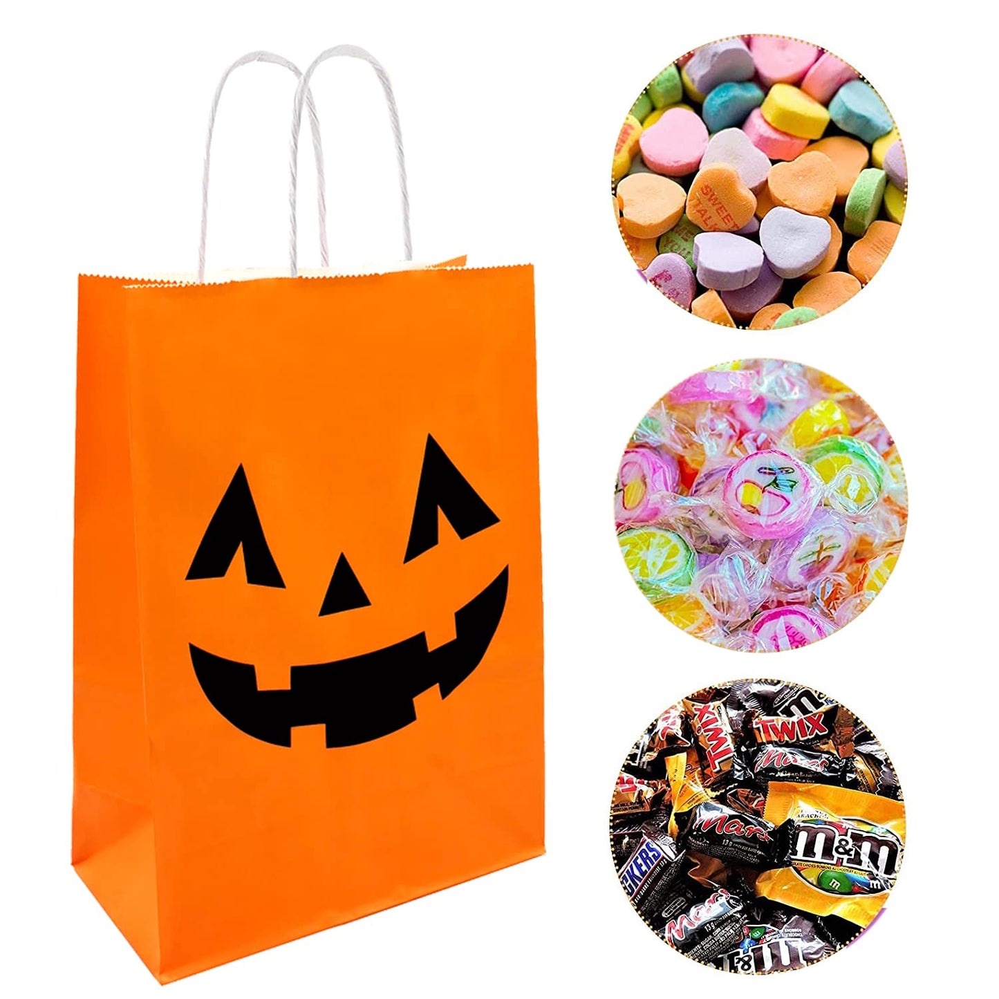100 Pieces Halloween Pumpkin Gift Bags Trick or Treat Kraft Paper Candy Goodie Bags with Handle for Halloween Party Favors Supplies