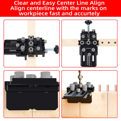 GOINGMAKE Dowel Jig Kit with Quick Positive Stop and Clamp, Adjustable Doweling Jig for Drill 1/4, 3/8 and 1/2 Inch Accurate Straight Dowel Holes, Fit Any Thickness Wood Joints, for Cabinet, Furniture