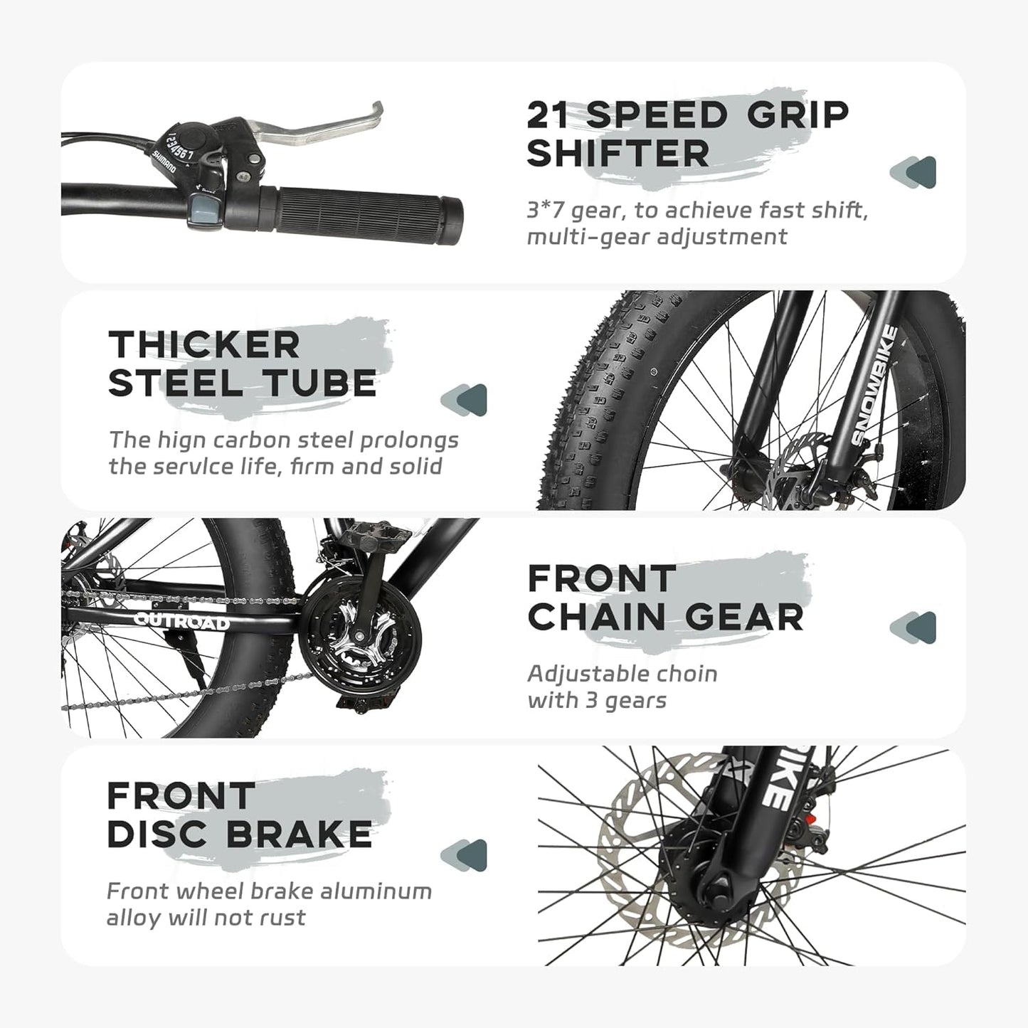Outroad Mountain Bike Fat Tire with 4-Inch Tire 26 inch Wheels, 21 Speed with High Carbon Steel Frame, Double Disc Brake and Front Suspension Anti-Slip Bikes for Men and Women, Black