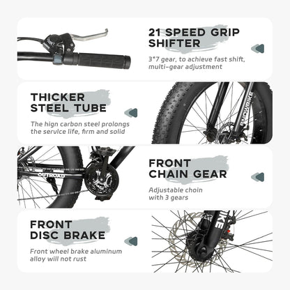 Outroad Mountain Bike Fat Tire with 4-Inch Tire 26 inch Wheels, 21 Speed with High Carbon Steel Frame, Double Disc Brake and Front Suspension Anti-Slip Bikes for Men and Women, Black