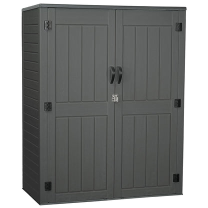 EHHLY Vertical Resin Storage Shed with 2 Shelves, 60 Cuft Garden Tool Sheds & Outdoor Storage, Plastic Outdoor Storage Cabinet Waterproof, 4.5 x 2.3 ft Backyard Outside Lawn Mower Storage Shed, Grey