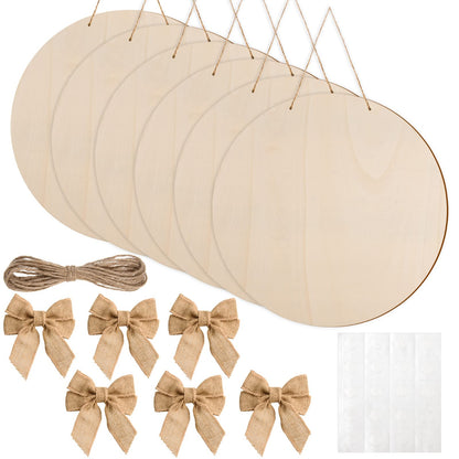 6 Pcs 18 Inch Wood Circles for Crafts Unfinished Round Wood Discs Blank Wooden Rounds Slices Round Wooden Door Hanger Signs with Bows, Twine and Glue Points for DIY Craft Holiday Decor,5 mm Thick